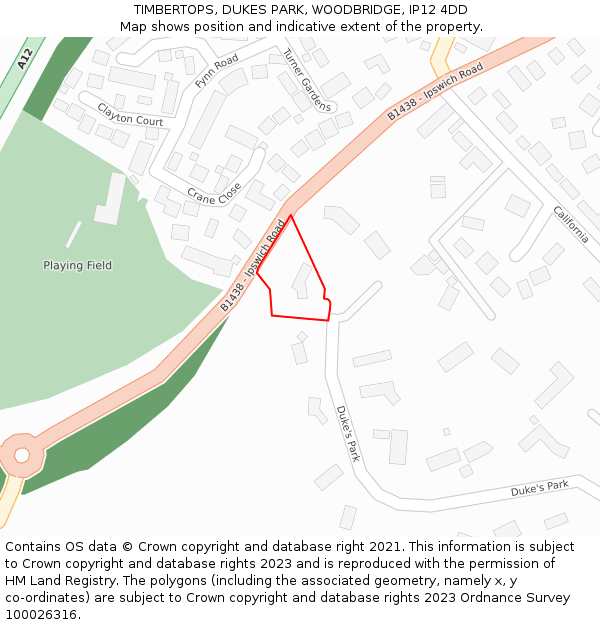 TIMBERTOPS, DUKES PARK, WOODBRIDGE, IP12 4DD: Location map and indicative extent of plot