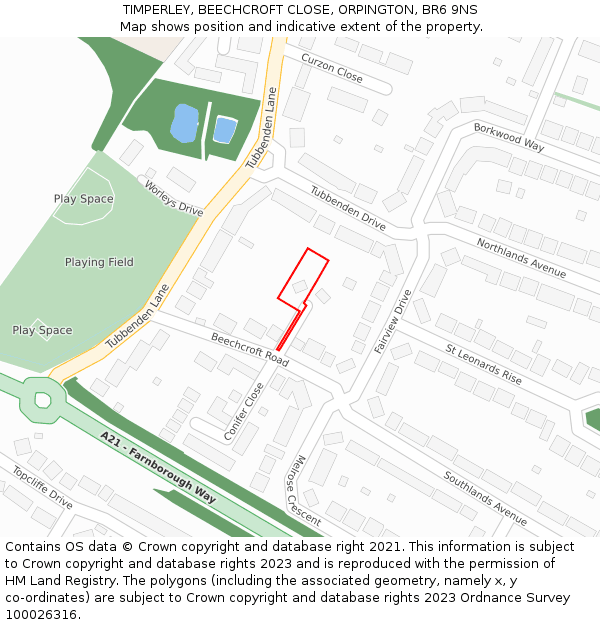 TIMPERLEY, BEECHCROFT CLOSE, ORPINGTON, BR6 9NS: Location map and indicative extent of plot