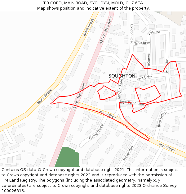 TIR COED, MAIN ROAD, SYCHDYN, MOLD, CH7 6EA: Location map and indicative extent of plot