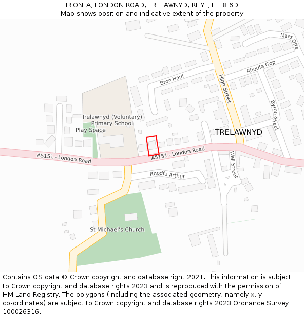 TIRIONFA, LONDON ROAD, TRELAWNYD, RHYL, LL18 6DL: Location map and indicative extent of plot