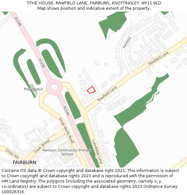 TITHE HOUSE, RAWFIELD LANE, FAIRBURN, KNOTTINGLEY, WF11 9LD: Location map and indicative extent of plot