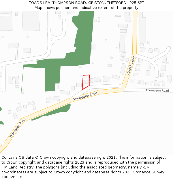 TOADS LEA, THOMPSON ROAD, GRISTON, THETFORD, IP25 6PT: Location map and indicative extent of plot