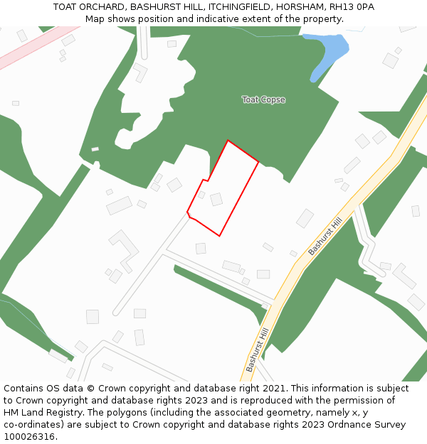 TOAT ORCHARD, BASHURST HILL, ITCHINGFIELD, HORSHAM, RH13 0PA: Location map and indicative extent of plot