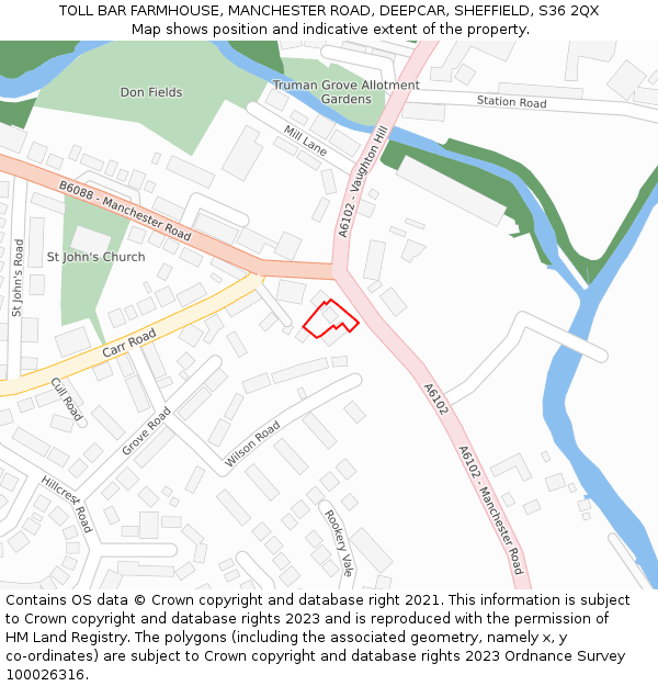 TOLL BAR FARMHOUSE, MANCHESTER ROAD, DEEPCAR, SHEFFIELD, S36 2QX: Location map and indicative extent of plot