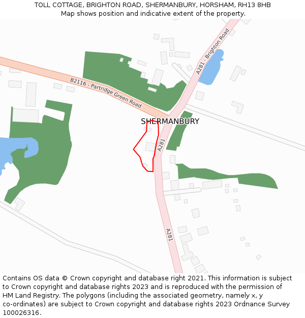 TOLL COTTAGE, BRIGHTON ROAD, SHERMANBURY, HORSHAM, RH13 8HB: Location map and indicative extent of plot