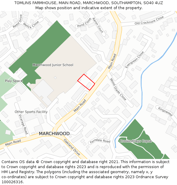 TOMLINS FARMHOUSE, MAIN ROAD, MARCHWOOD, SOUTHAMPTON, SO40 4UZ: Location map and indicative extent of plot