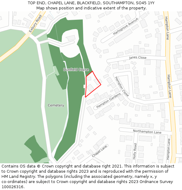 TOP END, CHAPEL LANE, BLACKFIELD, SOUTHAMPTON, SO45 1YY: Location map and indicative extent of plot