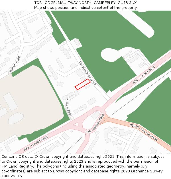 TOR LODGE, MAULTWAY NORTH, CAMBERLEY, GU15 3UX: Location map and indicative extent of plot