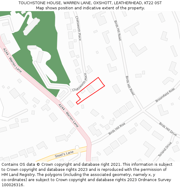 TOUCHSTONE HOUSE, WARREN LANE, OXSHOTT, LEATHERHEAD, KT22 0ST: Location map and indicative extent of plot