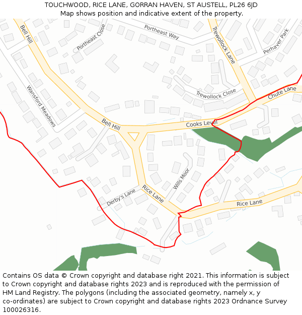 TOUCHWOOD, RICE LANE, GORRAN HAVEN, ST AUSTELL, PL26 6JD: Location map and indicative extent of plot