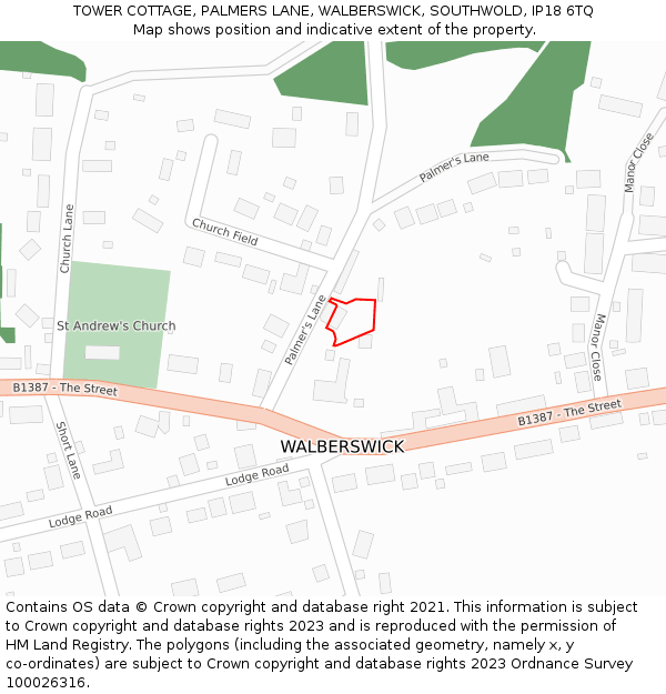 TOWER COTTAGE, PALMERS LANE, WALBERSWICK, SOUTHWOLD, IP18 6TQ: Location map and indicative extent of plot