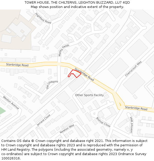 TOWER HOUSE, THE CHILTERNS, LEIGHTON BUZZARD, LU7 4QD: Location map and indicative extent of plot