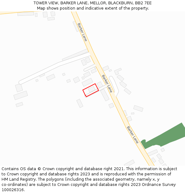 TOWER VIEW, BARKER LANE, MELLOR, BLACKBURN, BB2 7EE: Location map and indicative extent of plot