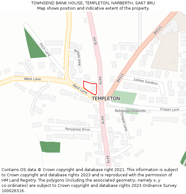 TOWNSEND BANK HOUSE, TEMPLETON, NARBERTH, SA67 8RU: Location map and indicative extent of plot