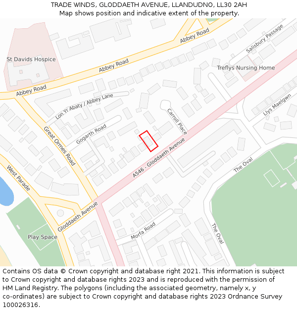 TRADE WINDS, GLODDAETH AVENUE, LLANDUDNO, LL30 2AH: Location map and indicative extent of plot