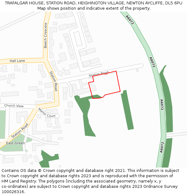 TRAFALGAR HOUSE, STATION ROAD, HEIGHINGTON VILLAGE, NEWTON AYCLIFFE, DL5 6PU: Location map and indicative extent of plot