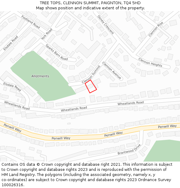 TREE TOPS, CLENNON SUMMIT, PAIGNTON, TQ4 5HD: Location map and indicative extent of plot