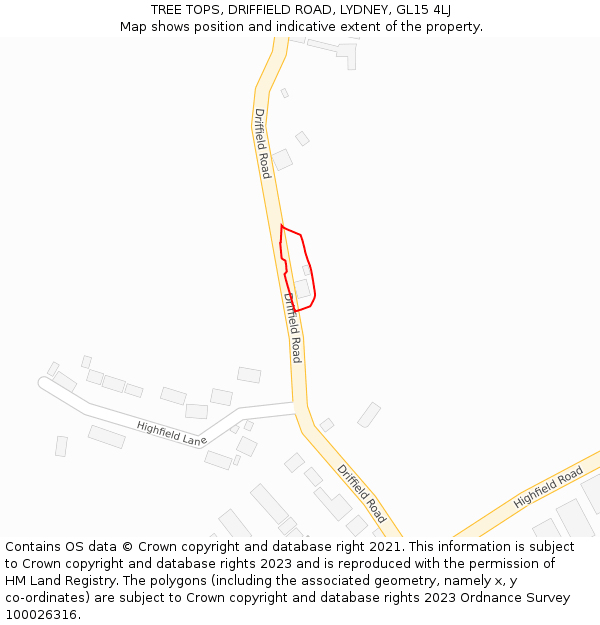 TREE TOPS, DRIFFIELD ROAD, LYDNEY, GL15 4LJ: Location map and indicative extent of plot