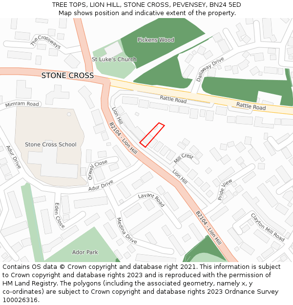 TREE TOPS, LION HILL, STONE CROSS, PEVENSEY, BN24 5ED: Location map and indicative extent of plot