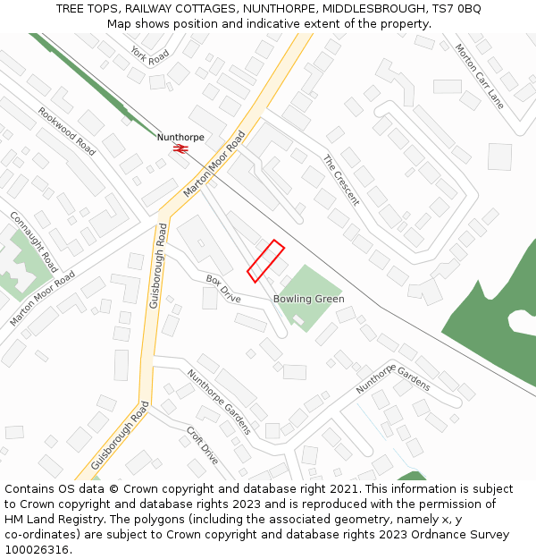 TREE TOPS, RAILWAY COTTAGES, NUNTHORPE, MIDDLESBROUGH, TS7 0BQ: Location map and indicative extent of plot