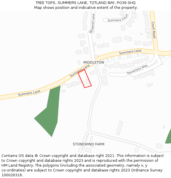 TREE TOPS, SUMMERS LANE, TOTLAND BAY, PO39 0HQ: Location map and indicative extent of plot