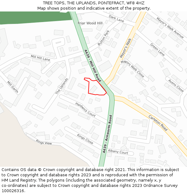 TREE TOPS, THE UPLANDS, PONTEFRACT, WF8 4HZ: Location map and indicative extent of plot