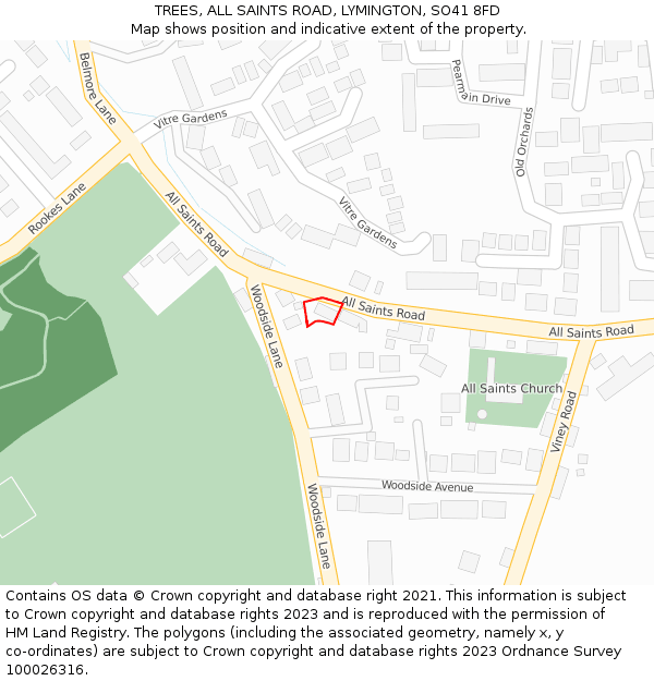 TREES, ALL SAINTS ROAD, LYMINGTON, SO41 8FD: Location map and indicative extent of plot