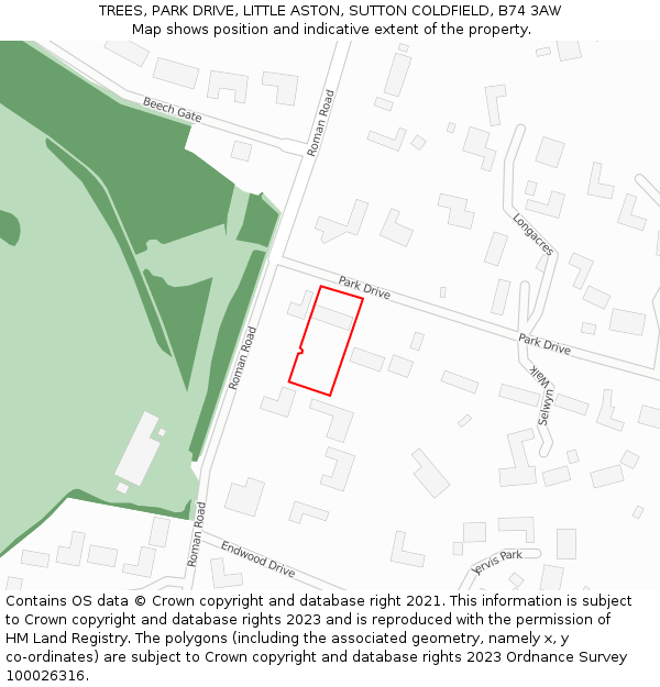 TREES, PARK DRIVE, LITTLE ASTON, SUTTON COLDFIELD, B74 3AW: Location map and indicative extent of plot