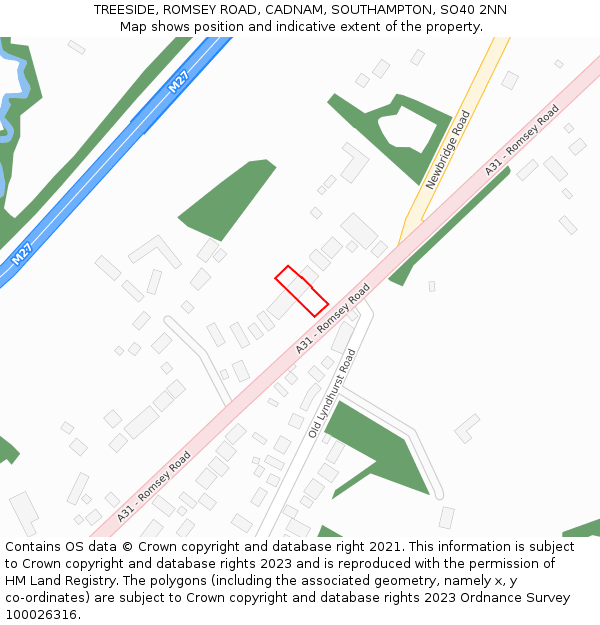 TREESIDE, ROMSEY ROAD, CADNAM, SOUTHAMPTON, SO40 2NN: Location map and indicative extent of plot