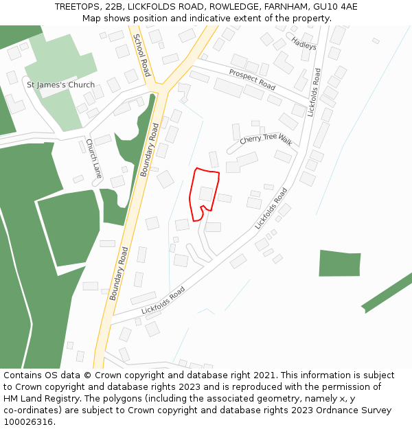 TREETOPS, 22B, LICKFOLDS ROAD, ROWLEDGE, FARNHAM, GU10 4AE: Location map and indicative extent of plot