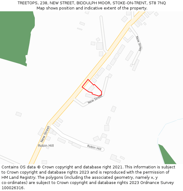 TREETOPS, 238, NEW STREET, BIDDULPH MOOR, STOKE-ON-TRENT, ST8 7NQ: Location map and indicative extent of plot