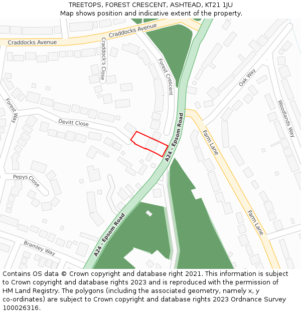TREETOPS, FOREST CRESCENT, ASHTEAD, KT21 1JU: Location map and indicative extent of plot