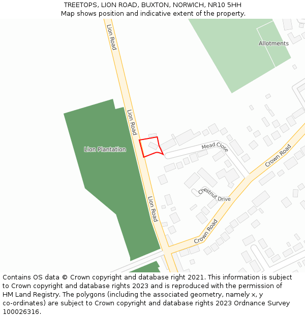 TREETOPS, LION ROAD, BUXTON, NORWICH, NR10 5HH: Location map and indicative extent of plot