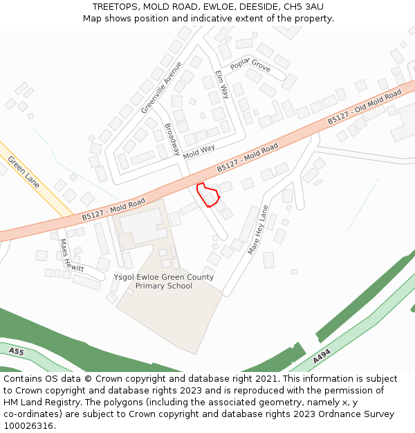 TREETOPS, MOLD ROAD, EWLOE, DEESIDE, CH5 3AU: Location map and indicative extent of plot