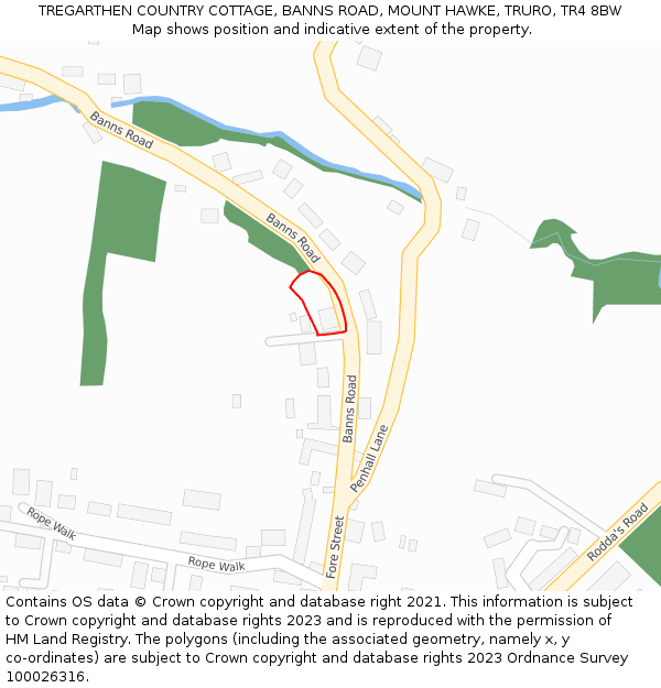 TREGARTHEN COUNTRY COTTAGE, BANNS ROAD, MOUNT HAWKE, TRURO, TR4 8BW: Location map and indicative extent of plot