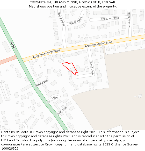 TREGARTHEN, UPLAND CLOSE, HORNCASTLE, LN9 5AR: Location map and indicative extent of plot