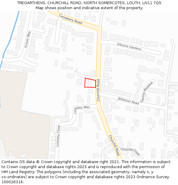 TREGARTHENS, CHURCHILL ROAD, NORTH SOMERCOTES, LOUTH, LN11 7QS: Location map and indicative extent of plot