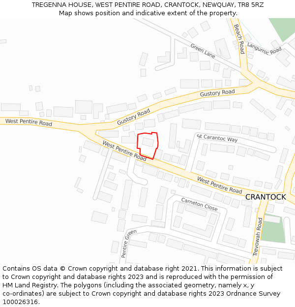 TREGENNA HOUSE, WEST PENTIRE ROAD, CRANTOCK, NEWQUAY, TR8 5RZ: Location map and indicative extent of plot