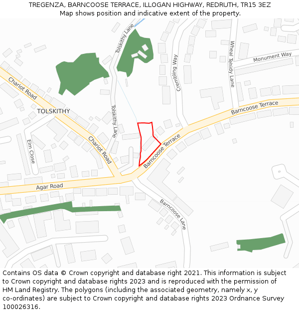 TREGENZA, BARNCOOSE TERRACE, ILLOGAN HIGHWAY, REDRUTH, TR15 3EZ: Location map and indicative extent of plot