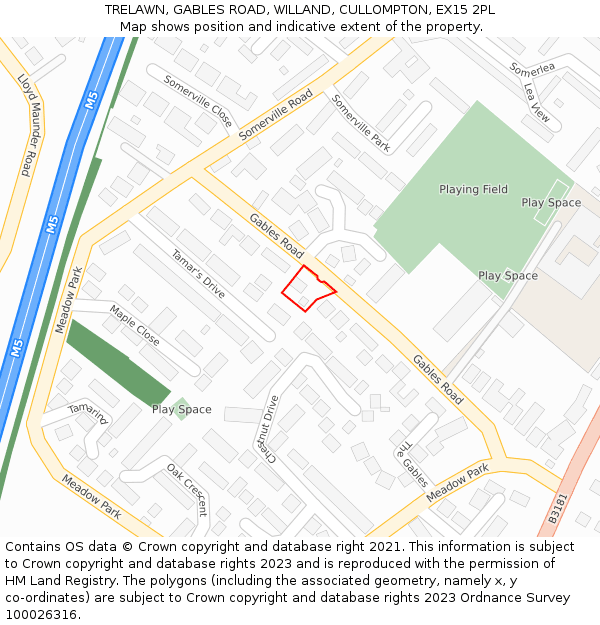 TRELAWN, GABLES ROAD, WILLAND, CULLOMPTON, EX15 2PL: Location map and indicative extent of plot