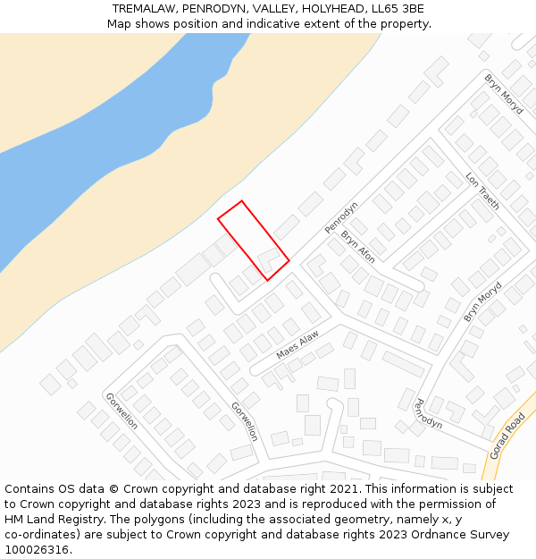 TREMALAW, PENRODYN, VALLEY, HOLYHEAD, LL65 3BE: Location map and indicative extent of plot