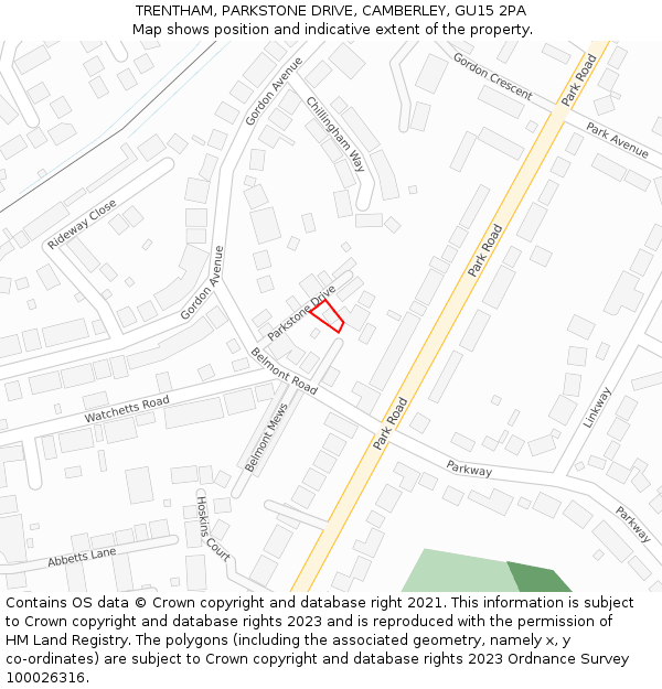 TRENTHAM, PARKSTONE DRIVE, CAMBERLEY, GU15 2PA: Location map and indicative extent of plot