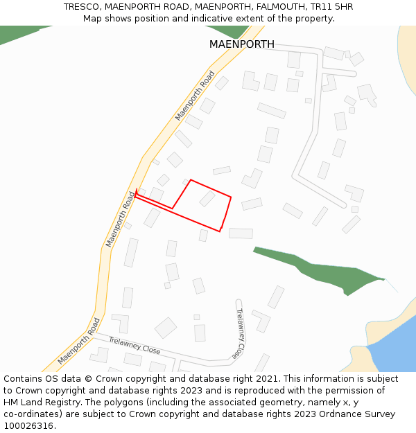 TRESCO, MAENPORTH ROAD, MAENPORTH, FALMOUTH, TR11 5HR: Location map and indicative extent of plot