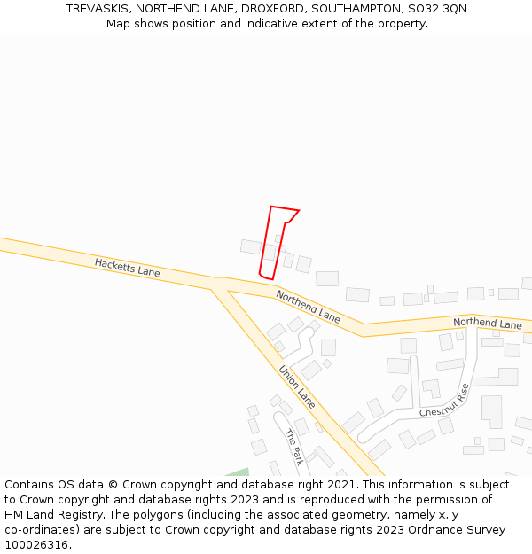 TREVASKIS, NORTHEND LANE, DROXFORD, SOUTHAMPTON, SO32 3QN: Location map and indicative extent of plot