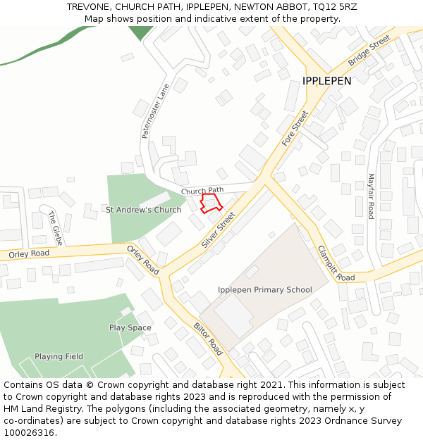 TREVONE, CHURCH PATH, IPPLEPEN, NEWTON ABBOT, TQ12 5RZ: Location map and indicative extent of plot