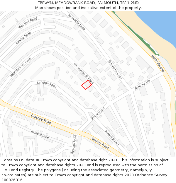 TREWYN, MEADOWBANK ROAD, FALMOUTH, TR11 2ND: Location map and indicative extent of plot