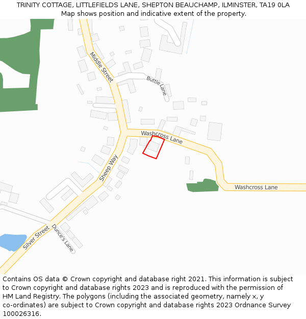 TRINITY COTTAGE, LITTLEFIELDS LANE, SHEPTON BEAUCHAMP, ILMINSTER, TA19 0LA: Location map and indicative extent of plot