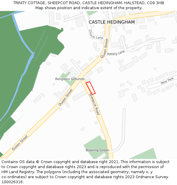 TRINITY COTTAGE, SHEEPCOT ROAD, CASTLE HEDINGHAM, HALSTEAD, CO9 3HB: Location map and indicative extent of plot