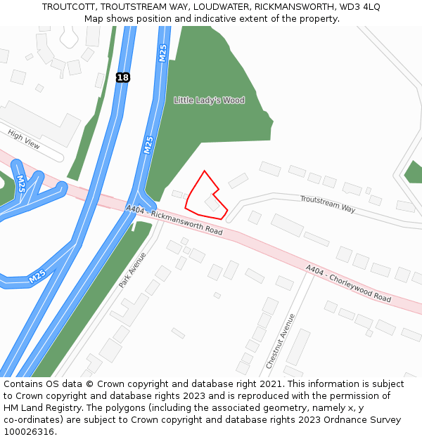 TROUTCOTT, TROUTSTREAM WAY, LOUDWATER, RICKMANSWORTH, WD3 4LQ: Location map and indicative extent of plot