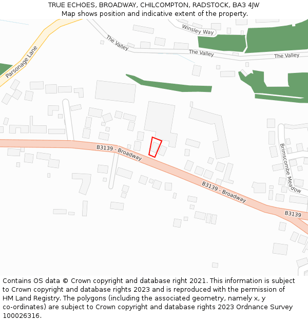 TRUE ECHOES, BROADWAY, CHILCOMPTON, RADSTOCK, BA3 4JW: Location map and indicative extent of plot